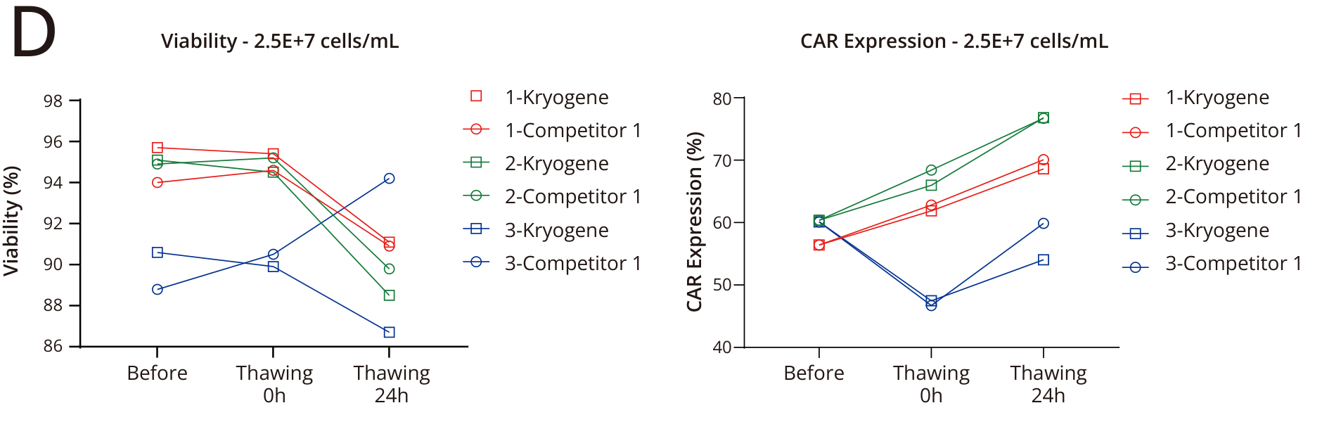 CD19 CAR-T viability and CAR expression at 2.5 × 10⁷ cells/mL before freezing and after thawing
