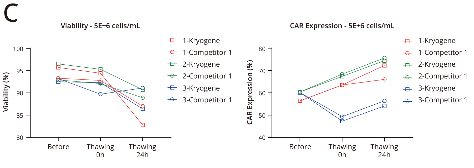 CD19 CAR-T viability and CAR expression at 5 × 10⁶ cells/mL before freezing and after thawing