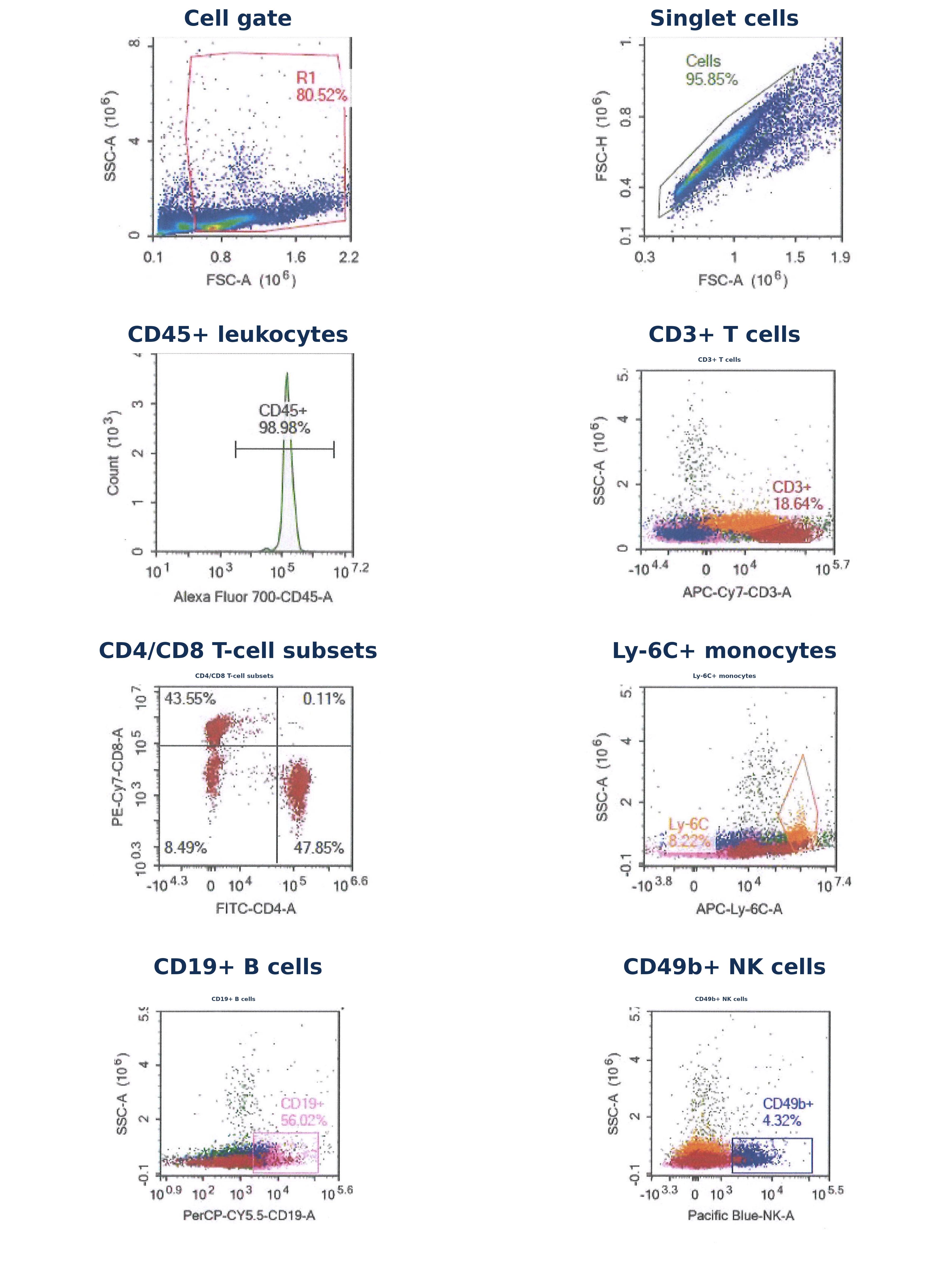 Representative flow-cytometric characterization of C57BL/6J mouse PBMCs showing CD45, Ly-6C, CD3, CD19, CD49b, and CD4/CD8 populations